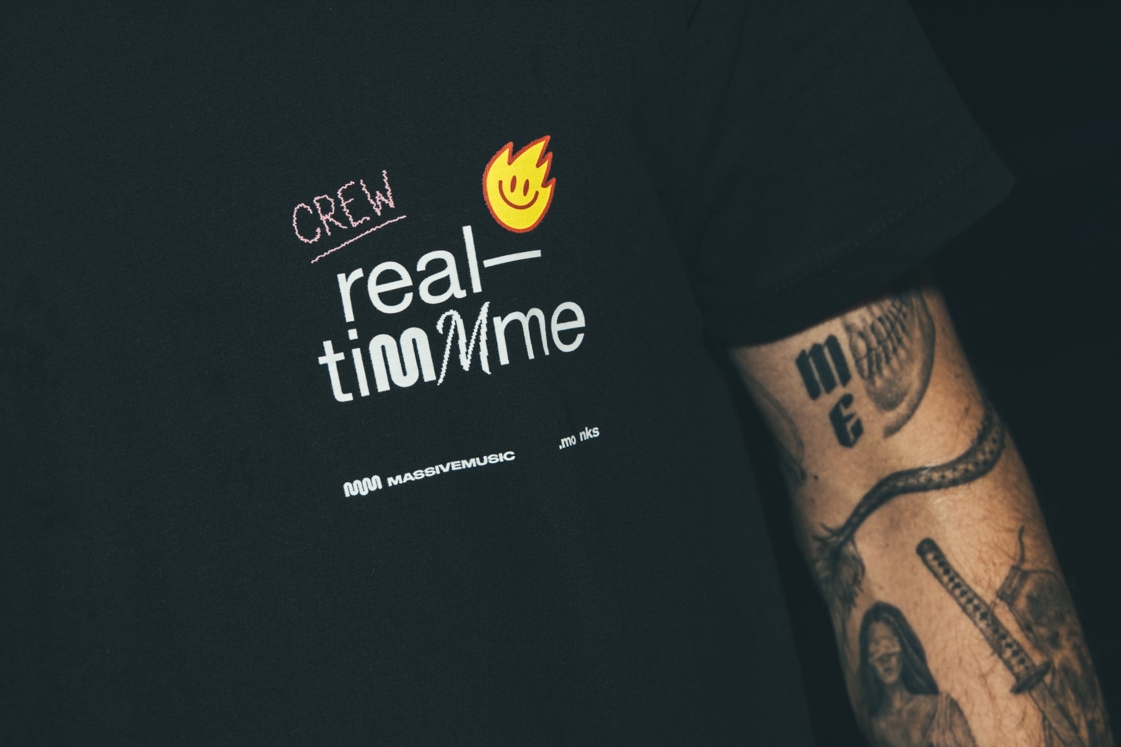 Close up of the IT'S REAL-TIMMME crew t-shirt print