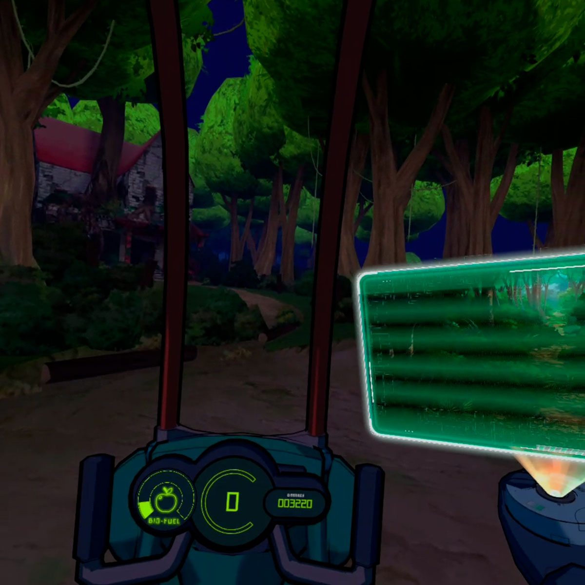 Eden preview of player holding puck in front of dark forrest house at night cell shaded vr game