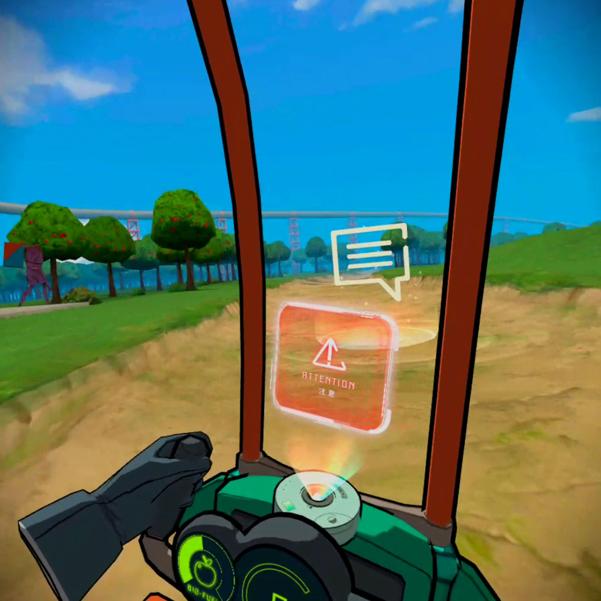 Eden project with red warning sign in front of steering wheel player in cell shaded game forrest biome vr game