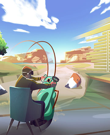 2D cell shaded world of Eden with logo behind the glass building